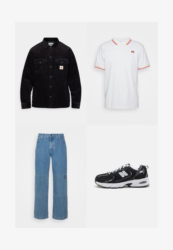 Veste en velours côtelé noir avec deux poches poitrine à rabat, un système de fermeture à boutons, et un patch logo sur la poche gauche. Tissu texturé.; T-shirt polo blanc avec un col contrasté et des rayures sur les manches en jaune, rouge et rose. Présente un logo brodé sur la poitrine. Matériau en coton.; Jeans en denim bleu clair avec une coupe décontractée, présentant des panneaux en patchwork, une fermeture par bouton supérieur, un design à cinq poches et un logo subtilement apposé sur la jambe.; Baskets de sport noires et grises avec un tige en mesh et en suède, présentant une semelle intermédiaire blanche, des lacets et un logo "N" audacieux sur le côté.