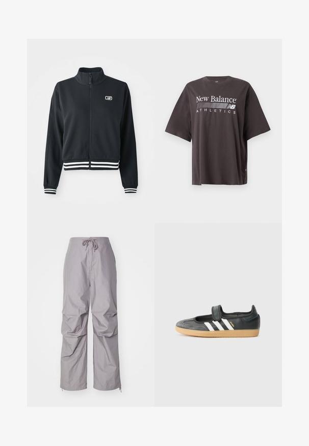 Čierna zipsová bunda s vysokým golierom, biele pruhované manžety a spodný lem, s malým logom na hrudi. Hladká textúra látky.; Tmavosivé oversized tričko New Balance s krátkym rukávom, so bielym logom "New Balance Athletics" a štýlovým grafickým prvkom "NB" v strede predku.; Sivé, voľné nohavice vyrobené z ľahkého materiálu, s elastickým pásom na šnúrku a zužujúcimi sa rukávmi so zipsami. Štruktúrovaný povrch.; Čierne kožené a zamšové tenisky s Velcro pásikom, s tromi bielymi pruhmi a gumenou podrážkou, označené nápisom "SAMBA" na boku.