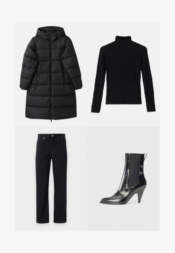 Sort pufferjakke med hætte, der har et quiltet design, to lynlåslommer på siden og en lynlås der går hele vejen ned. Glat tekstur.; Sort ribbet turtleneck sweater med lange ærmer og en tekstureret overflade. Fremstår med vandrette striber og en bølget kant ved ærmerne.; Sorte denim jeans med lige ben, fem-lomme design, kobberknap detaljer og minimal syning synlig.; Sort, blanklæder ankelstøvle med spids tå, elastisk sidepanel, pull-tab bagpå og en mid-højde konisk hæl.