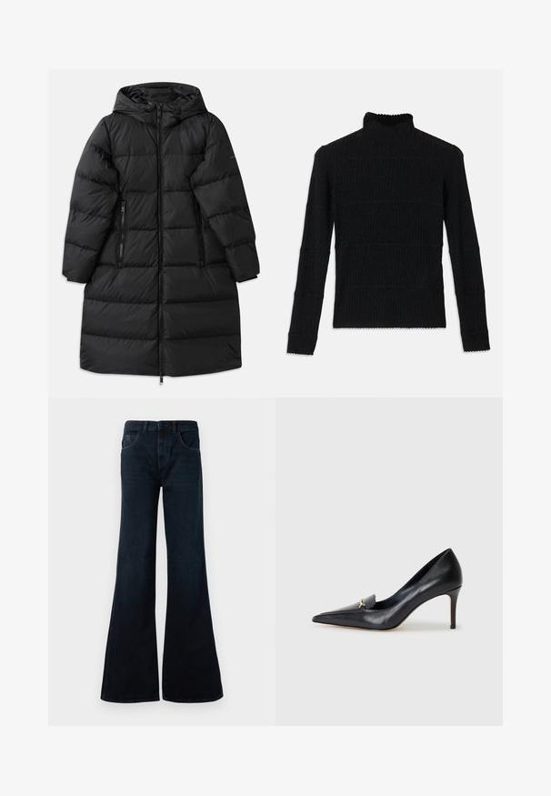 Abrigo de plumas negro con capucha, con un diseño acolchado, dos bolsillos laterales con cremallera y un cierre de cremallera de longitud completa. Textura suave.; Jersey de pico negro con canalé y mangas largas, con un acabado texturizado. Presenta rayas horizontales y un dobladillo en picos en las mangas.; Jeans acampanados de color azul oscuro, hechos de mezclilla. Tienen una cintura alta, dos bolsillos frontales y un acabado limpio sin herrajes visibles.; Zapato de piel negra con punta afilada, escote bajo y un detalle decorativo dorado. Cuenta con un tacón de aguja y textura suave.