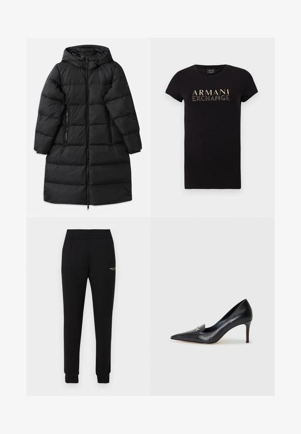 Abrigo de plumas negro con capucha, con un diseño acolchado, dos bolsillos laterales con cremallera y un cierre de cremallera de longitud completa. Textura suave.; Camiseta negra de manga corta con escote redondo, con un logo dorado "ARMANI EXCHANGE" impreso en la parte frontal. Material de algodón.; Pantalones deportivos negros ajustados con cintura y puños elásticos, con un pequeño logo dorado "Armani Exchange" en el muslo derecho.; Zapato de piel negra con punta afilada, escote bajo y un detalle decorativo dorado. Cuenta con un tacón de aguja y textura suave.