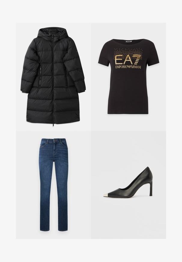 Sort pufferjakke med hætte, der har et quiltet design, to lynlåslommer på siden og en lynlås der går hele vejen ned. Glat tekstur.; Sort T-shirt med korte ærmer med guld EA7 Emporio Armani-logo og spredte små guldprikker over teksten på forsiden.; Mørkeblå skinny jeans med høj talje, frontknapper og lynlås, forlommer og diskret falmet detalje.; Sort læder højhælet sko med spids tå og metal-sølv hætte. Har en glat finish og en slank hæl på 10 cm.