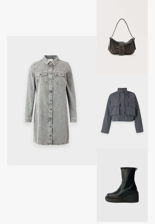 Chaqueta gris recortada con un alto cuello, dos grandes bolsillos frontales, detalles de cordones y una tela ligera y texturizada.; Vestido camisa de mezclilla gris con cuello, mangas largas, cierre frontal con botones y dos bolsillos en el pecho. Presenta un corte recto y relajado.; Botín de cuero negro con suela de cuña, textura suave, punta redondeada, laterales elásticos y una lengüeta en la parte trasera.; Bolso de hombro de cuero negro con detalle de correa con hebilla, bordes curvos y costuras blancas en contraste sobre un fondo liso.