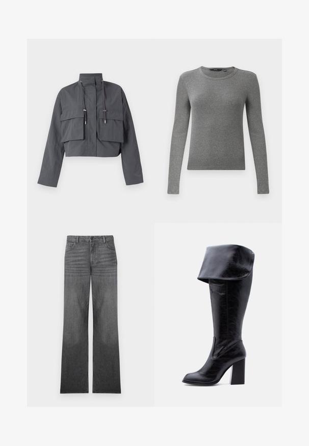 Forkortet grå jakke med høj krave, to store frontlommer, snøre detaljer og et let, tekstureret stof.; Grå langærmet ribbet sweater med rund halsudskæring og tætsiddende pasform. Teksturen ser glat og elastisk ud, hvilket gør den velegnet til lag-på-lag.; Grå denim brede ben jeans med en middel vask, der har design med fem lommer, frontknaplukning og diskrete sømdetaljer.; Høj sort læderstøvle med hæl, foldet kant og rund tå, stående oprejst på en hvid baggrund.