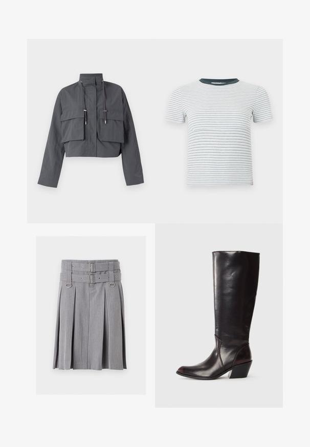 Chaqueta gris recortada con un alto cuello, dos grandes bolsillos frontales, detalles de cordones y una tela ligera y texturizada.; Camiseta blanca de manga corta con canalé, con finas rayas horizontales negras y un cuello redondo sólido de color gris oscuro.; Falda plisada gris de rayas con doble cinturón y detalles de hebilla plateada, con detalles de anillas en forma de D en la cintura.; Bota de cuero marrón oscuro hasta la rodilla con punta afilada, tacón angular y textura suave y brillante. Presenta un diseño limpio y detalles de costura.