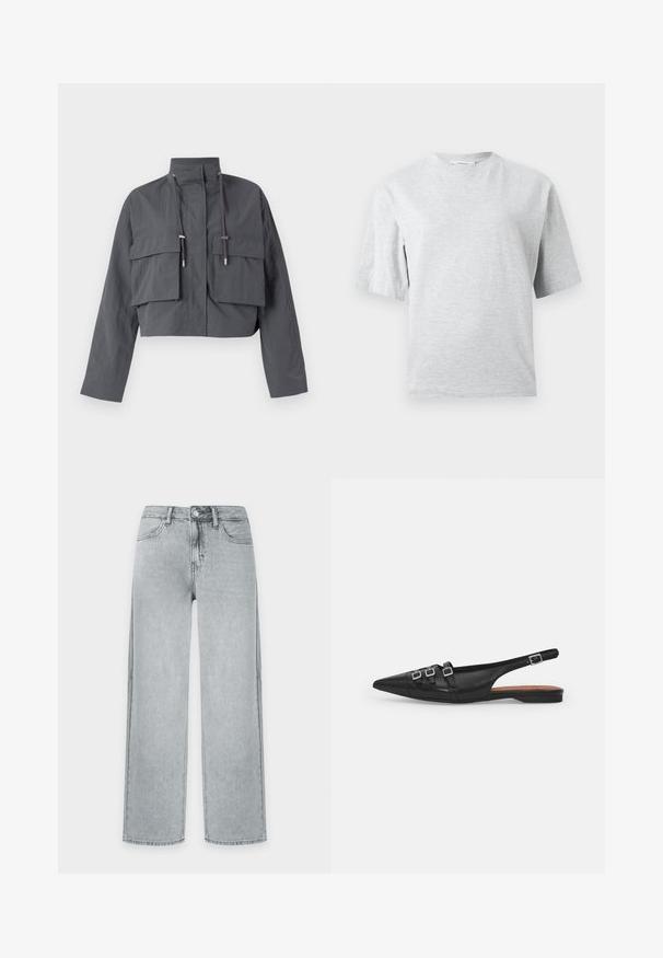 Forkortet grå jakke med høj krave, to store frontlommer, snøre detaljer og et let, tekstureret stof.; Lysegrå T-shirt med korte ærmer og rund hals, afslappet pasform, vist på en ensfarvet hvid baggrund.; Lyse vaskede jeans med lige ben, fem lommer, knaplukning og bæltestropper, vist på en ensfarvet hvid baggrund.; Sort læderslyngeflad sko med spids tå, der har to vandrette stropper og firkantede sølvspænder, lav hæl og glat tekstur.