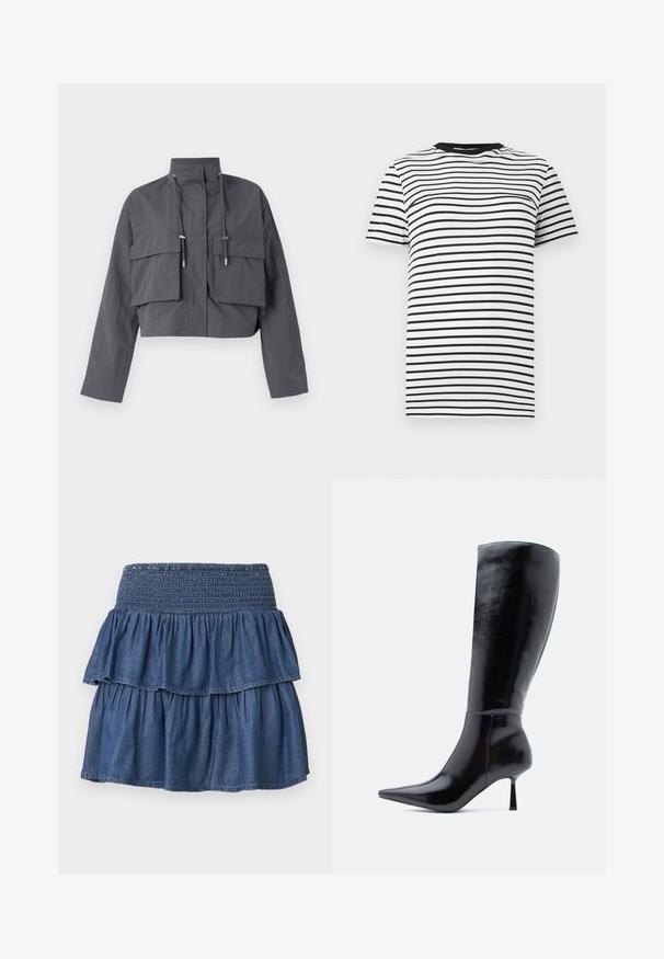 Forkortet grå jakke med høj krave, to store frontlommer, snøre detaljer og et let, tekstureret stof.; Sort-hvid stribet t-shirt lavet af blødt stof. Har en rund halsudskæring og korte ærmer, med jævnt fordelte vandrette striber.; Blå lagdelt denimnederdel med bred smocktalje og to opsamlede lag på en ensfarvet baggrund.; Sorte knæhøje stiletto støvler med en skinnende læderoverflade, spids tå og slank, konisk hæl, der har en glat overflade og et strømlinet design.