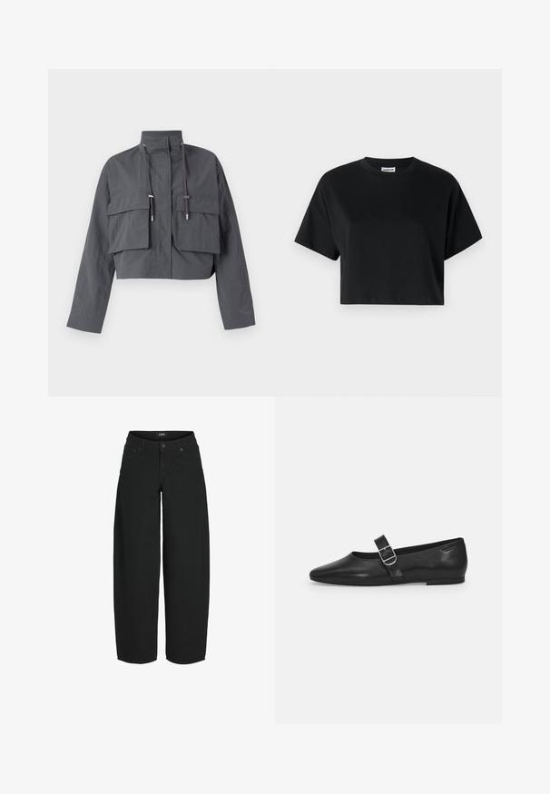 Forkortet grå jakke med høj krave, to store frontlommer, snøre detaljer og et let, tekstureret stof.; Sort cropped t-shirt med korte ærmer, rund halsudskæring, lavet af glat bomuldsstof, med minimalistisk design og subtile syninger.; Sorte vidde-korte jeans med knap- og lynlåslukning foran, lommer foran og bagpå samt mærket bæltelabel.; Sorte læder flade sko med rund tå, et enkelt justerbart spænde og en glat, blank overflade. Minimalistisk design med en lav hæl.