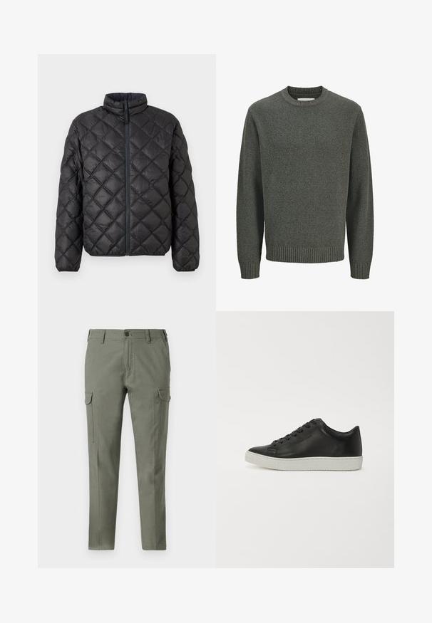 Sort quilted pufferjakke med opretstående krave, frontlynlås og diamantmønster. Glat tekstur og polstret for isolering.; Langærmet crewneck sweater i tekstureret gråt strik med ribbede manchetter og kant, vist på en ensfarvet lys baggrund.; Skarpe cargo bukser i olivengrøn, lavet af bomuld, med to sidelommer og en frontlukning med knap og lynlås.; Sorte lædersneakers med rund tå, flad hvid gummisål og seks huller til snørebånd. Glat overflade, minimalistisk stil.