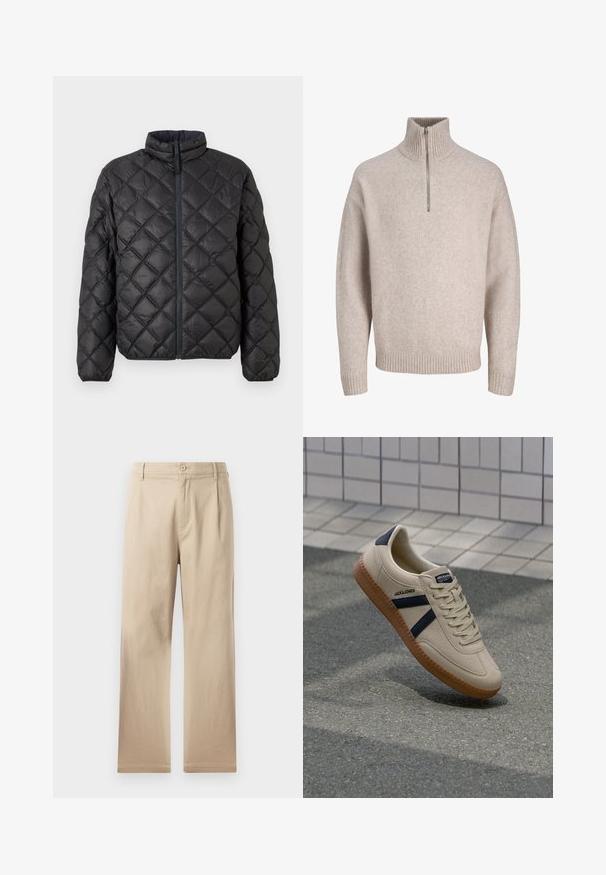 Sort quilted pufferjakke med opretstående krave, frontlynlås og diamantmønster. Glat tekstur og polstret for isolering.; Beige kvart-zip pullover sweater i blødt strikket stof. Har ribbet krave og manchetter, med en afslappet pasform og sømløst design.; Beige lige ben bukser lavet af blødt bomuldsstof, med knaplukning, plisseringer foran og rene, enkle kanter.; Beige sneaker med struktureret overflade, marineblå striber og gummisål. Har en polstret tunge og traditionelt snørresystem for en sikker pasform.