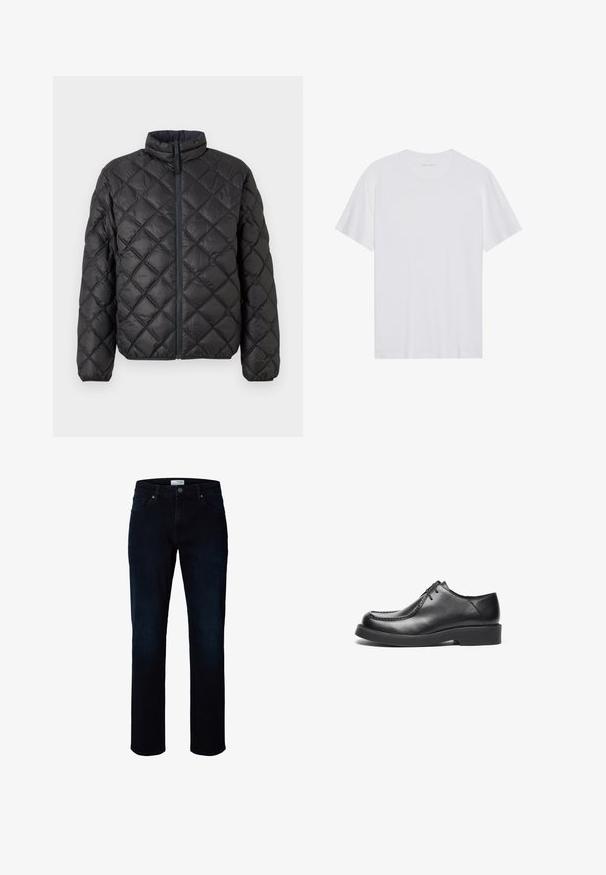 Sort quilted pufferjakke med opretstående krave, frontlynlås og diamantmønster. Glat tekstur og polstret for isolering.; Hvid bomulds T-shirt med korte ærmer, rund hals og en glat tekstur. Har minimal branding på halsudskæringen.; Mørkeblå jeans med lige ben, forlommer, bæltestropper og knaplukning i taljen.; Sorte lædersko med rund tå, lige søm detaljer og en lavprofil gummisål. Klassisk rent design, snørelukning.