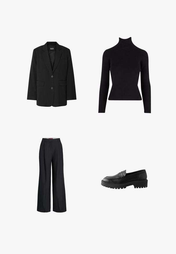 Blazer negro de PIECES, con cuello de muesca, dos bolsillos frontales y cierre de dos botones, fabricado en un tejido suave.; Suéter negro de cuello alto con relieve, de manga larga, silueta ajustada, tejido texturizado y cuello alto.; Pantalones de vestir negros de pierna ancha con trabillas para cinturón y cierre frontal con cremallera, mostrados sobre un fondo blanco.; Mocasín de cuero negro con puntera redondeada, detalle de costura elevada y suela de goma gruesa con surcos profundos para mayor tracción.
