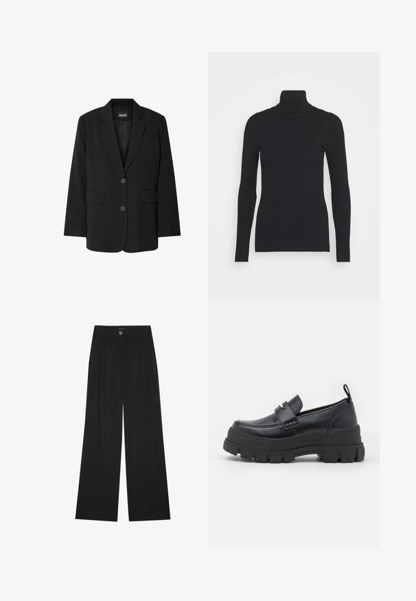 Čierny blazer značky PIECES, ktorý má klopa s notovaním, dve predné vrecká a zapínanie na dva gombíky, vyrobený z hladkej látky.; Čierny rebrovaný rolák, ktorý má dlhé rukávy a priliehavý strih. Textúra je hladká s horizontálnym rebrovaním.; Čierne nohavice s širokými nohavicami vyrobené z jemnej látky, s vysokým pásom, prednými záhybmi a zapínaním na jeden gombík. Hladká textúra a elegantný strih.; Čierny kožený mokasín s hrubou ryhovanou podrážkou, švy typu mok toe, detail popruhu na vrchu a pruh na päte, zobrazený z profilu.
