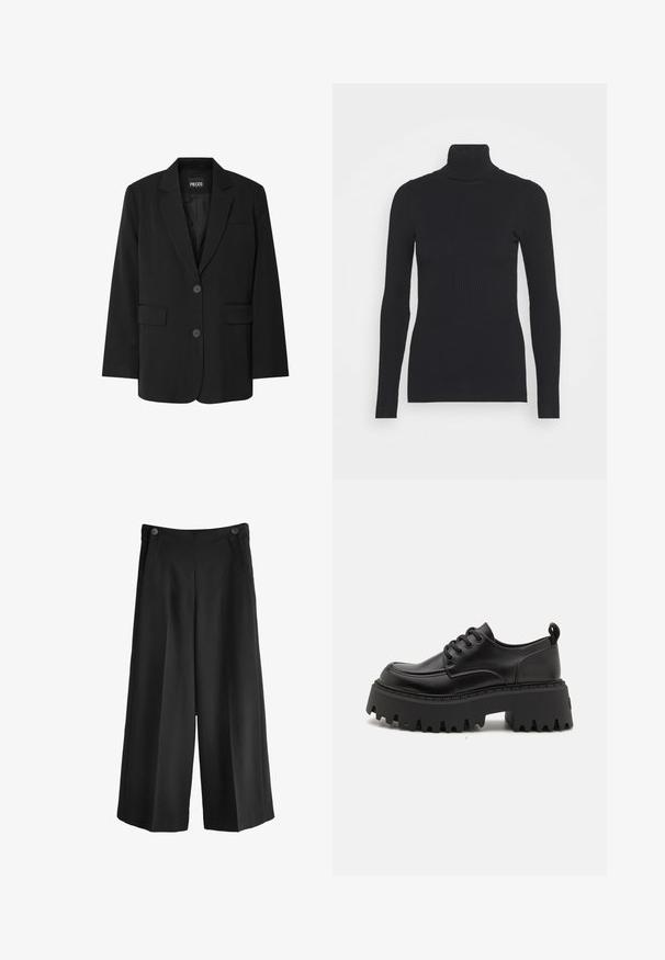 Sort blazer fra PIECES med reverskrave, to frontlommer og to knaplukninger, lavet af glat stof.; Sort ribbet rullekravesweater med lange ærmer og en tætsiddende silhuet. Teksturen er glat med et vandret ribmønster.; Svarte breddebenede bukser med høj talje, lavet af glat stof. Har to forlommer og to knapper ved linningen.; Sorte læder platform sko med en kraftig, rillet gummisål og seks snøringer. Har en rund tå og en hælhank for nem påtagning.