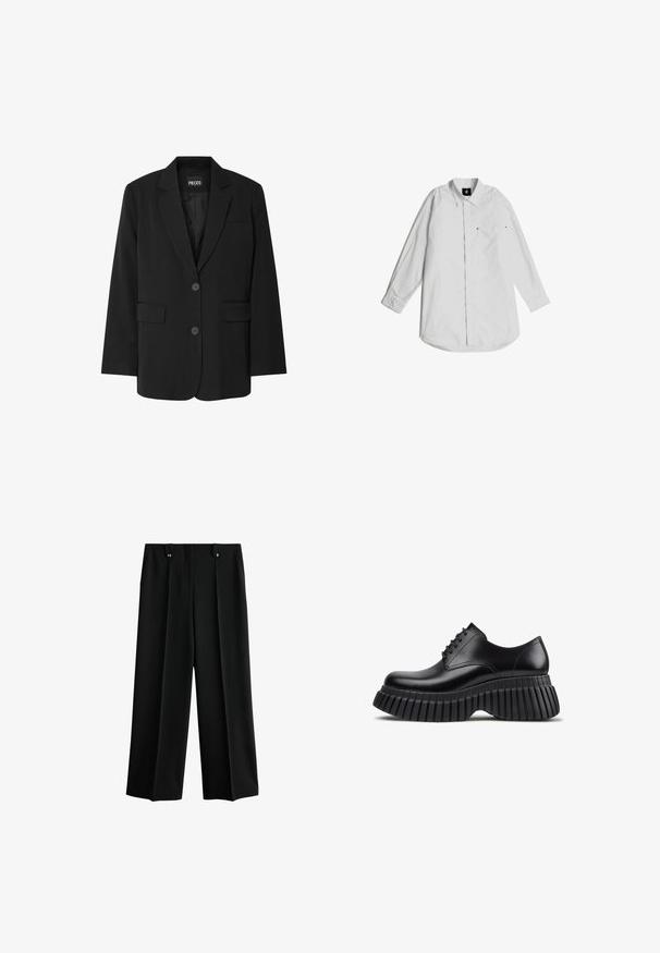 Schwarzer Blazer von PIECES, mit Reverskragen, zwei Fronttaschen und zwei Knopfverschluss, aus glattem Stoff gefertigt.; Weißes Langarmhemd aus leichtem Baumwollstoff. Mit einem Button-down-Kragen, einer Brusttasche und dezenten Stichdetails.; Schwarze Hose mit weitem Bein, hoher Taille und geknöpften Gürtelschlaufen, auf weißem Hintergrund dargestellt.; Schwarzer Lederschnürschuh mit übertrieben dicker, profilierter Sohle, Seitenansicht vor weißem Hintergrund.