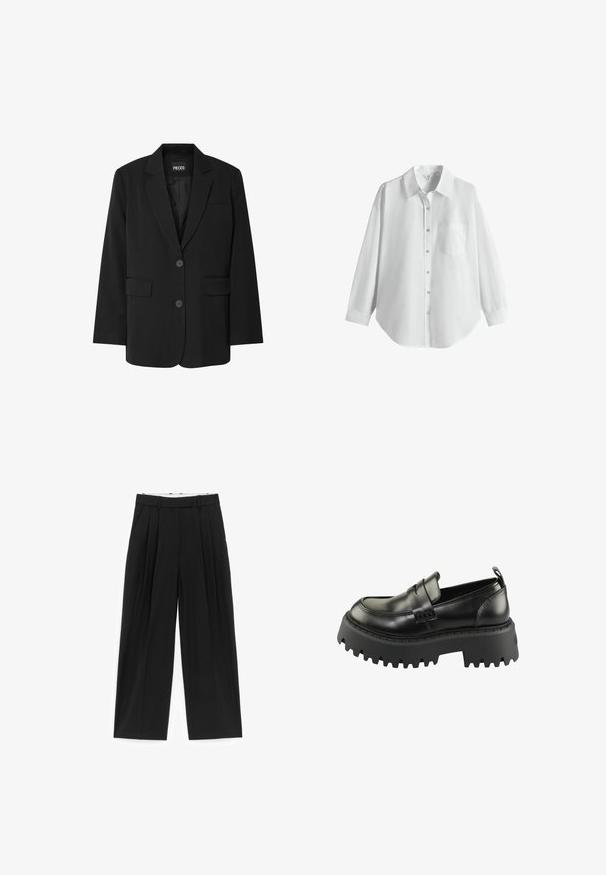 Sort blazer fra PIECES med reverskrave, to frontlommer og to knaplukninger, lavet af glat stof.; Hvid langærmet skjorte med knapper, krave og brystlomme, vist på en ensfarvet hvid baggrund.; Sorte bukser med vide ben, frontplisseringer, bæltestropper og sidelommer, designet til en skræddersyet pasform.; Sorte læder loafers med en tyk, struktureret sort gummisål. Har en rund tå og en dekorativ rem på tværs af vamps.