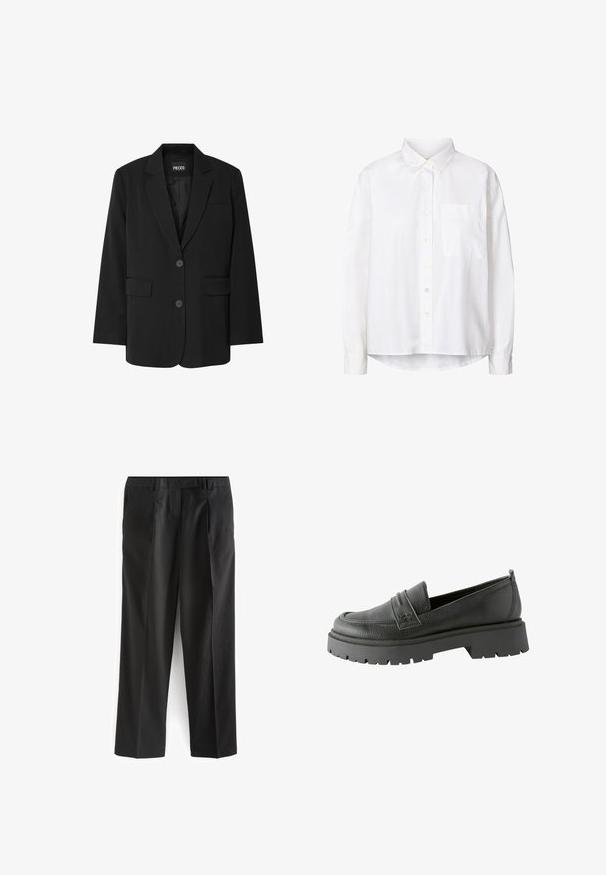 Schwarzer Blazer von PIECES, mit Reverskragen, zwei Fronttaschen und zwei Knopfverschluss, aus glattem Stoff gefertigt.; Weißes Langarm-Hemd mit Knopfleiste aus leichtem Stoff, mit klassischem Kragen, einer einzelnen Brusttasche und abgerundetem Saum.; Schwarze gerade geschnittene Hosen aus glattem Stoff, mit zwei vorderen Taschen und einem flachen Bund. Minimalistisches Design, keine sichtbaren Muster.; Schwarze Lederloafer mit strukturiertem Finish, auffälligen Stichdetails und dicker schwarzer Gummisohle mit rutschfestem Muster.
