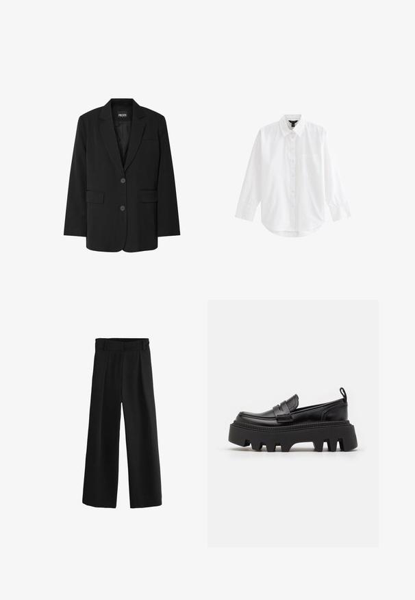 Blazer negro de PIECES, con cuello de muesca, dos bolsillos frontales y cierre de dos botones, fabricado en un tejido suave.; Camisa blanca de manga larga con botones, cuello y bolsillo delantero, mostrada sobre un fondo blanco liso.; Pantalones negros de pierna ancha con frente plisado, cinturilla elástica y tela suave. Presentan un corte relajado que cae hasta los tobillos.; Mocasines de cuero negro con una suela de goma negra gruesa, que cuentan con ranuras antideslizantes y una correa decorativa en la parte delantera.