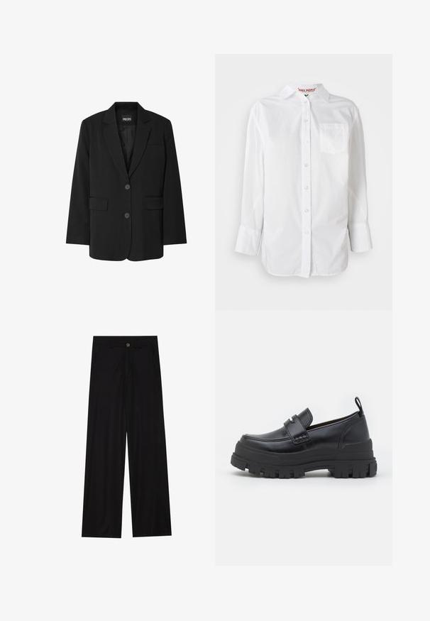 Čierny blazer značky PIECES, ktorý má klopa s notovaním, dve predné vrecká a zapínanie na dva gombíky, vyrobený z hladkej látky.; Biela košeľa s dlhým rukávom, s gombíkmi a golierom, s náprsnom vreckom, vystavená na jednofarebnom pozadí.; Široké čierne nohavice vyrobené z hladkej tkaniny, so šikmými prednými vreckami a gombíkovým zapínaním v páse. Minimalistický dizajn bez vzorov.; Čierny kožený mokasín s hrubou ryhovanou podrážkou, švy typu mok toe, detail popruhu na vrchu a pruh na päte, zobrazený z profilu.