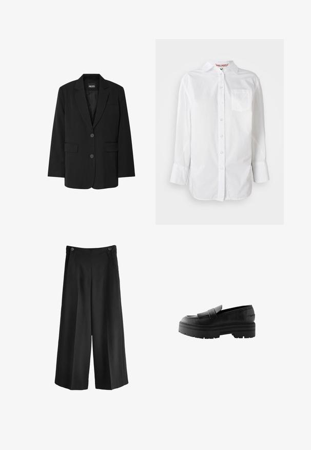 Blazer negro de PIECES, con cuello de muesca, dos bolsillos frontales y cierre de dos botones, fabricado en un tejido suave.; Camisa blanca de manga larga con botones, con cuello y un bolsillo en el pecho, exhibida sobre un fondo liso.; Pantalones de pierna ancha negros con una cintura alta, hechos de una tela suave. Presenta dos bolsillos delanteros y dos botones en la cintura.; Mocasines de cuero negro con una superficie texturizada, una correa frontal prominente y suelas de goma gruesas y robustas con patrones de relieve pronunciados.