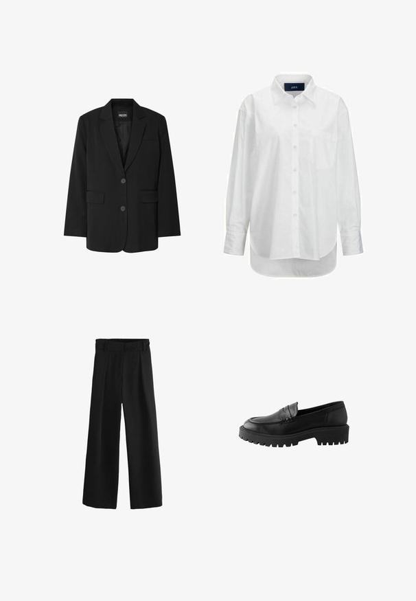 Čierny blazer značky PIECES, ktorý má klopa s notovaním, dve predné vrecká a zapínanie na dva gombíky, vyrobený z hladkej látky.; Biele dlhé rukávy košele z hladkej bavlny s golierom na gombíky, prednou vreckom a zakriveným lemom. Obsahuje zadný diel pre zvýšenú štruktúru.; Čierne široké nohavice s vysokým pásom, s záhybmi a hladkou, tkanou textúrou. Vyrobené z jemného materiálu pre pohodlie.; Čierne kožené loafery s okrúhlym špičkou, zvýrazneným švom a masívnou gumovou podrážkou s hlbokým dezénom pre lepšiu trakciu.