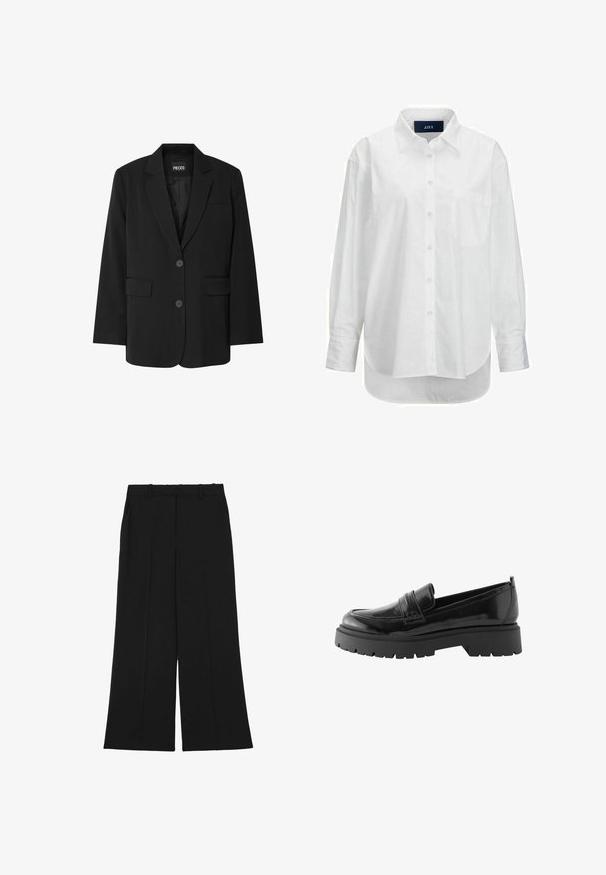Zwarte blazer van PIECES, met een geknipt kraag, twee voork zakken en een sluiting met twee knopen, gemaakt van gladde stof.; Witte lange mouwen shirt van glad katoen met een button-down kraag, voorzak en ronde zoom. Heeft een achterpand voor extra structuur.; Zwarte wijde broek gemaakt van een gladde stof. Voorzien van een hoge taille, dubbele voorplooien en riemlussen. Geen zichtbare zakken of versieringen.; Zwarte lakleren loafers hebben een laag platformzool met een robuuste profiel en een gestikte detail over de middenvoet.