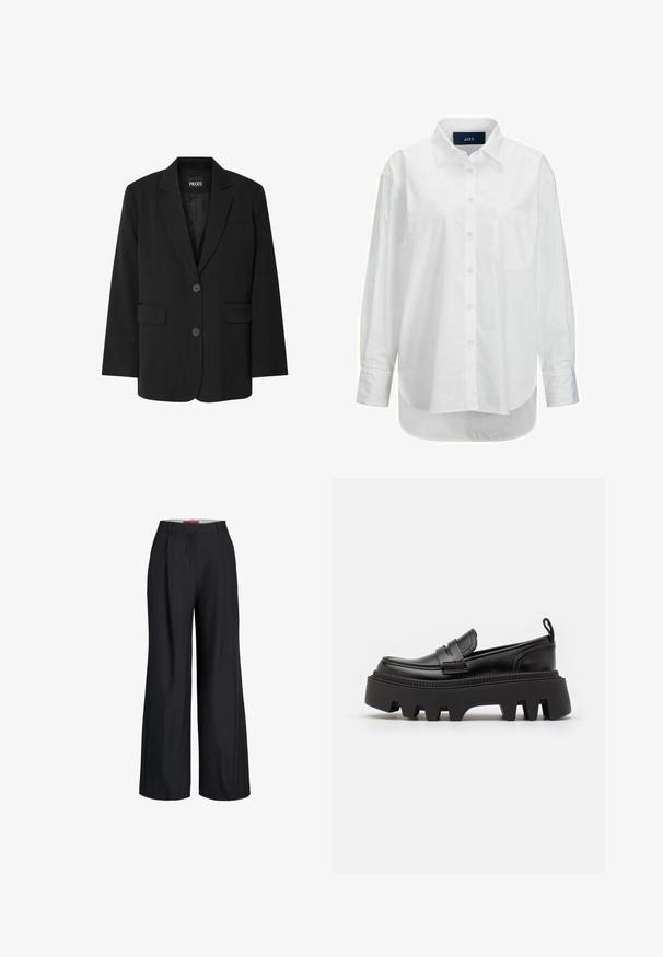 Čierny blazer značky PIECES, ktorý má klopa s notovaním, dve predné vrecká a zapínanie na dva gombíky, vyrobený z hladkej látky.; Biele dlhé rukávy košele z hladkej bavlny s golierom na gombíky, prednou vreckom a zakriveným lemom. Obsahuje zadný diel pre zvýšenú štruktúru.; Čierne široké spoločenské nohavice s opaskovými pútkami a predným zapínaním na zips, zobrazené na bielom pozadí.; Čierne kožené mokasíny s masívnou čiernou gumovou podrážkou, s protišmykovými drážkami a dekoratívnym pásom cez prednú časť.