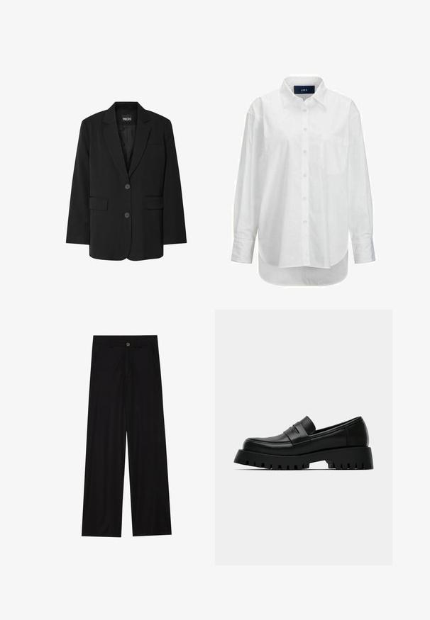 Sort blazer fra PIECES med reverskrave, to frontlommer og to knaplukninger, lavet af glat stof.; Hvid langærmet skjorte i glat bomuld med knapkrave, frontlomme og buet nederkant. Har en rygskulder for ekstra struktur.; Bredde ben sorte bukser lavet af et glat stof, med forlommer og knaplukning i taljen. Minimalistisk design uden mønstre.; Sort læderloafer med en kraftig sål, der har en glat overflade og diskrete syningsdetaljer. Sålen har dybe riller for bedre greb.