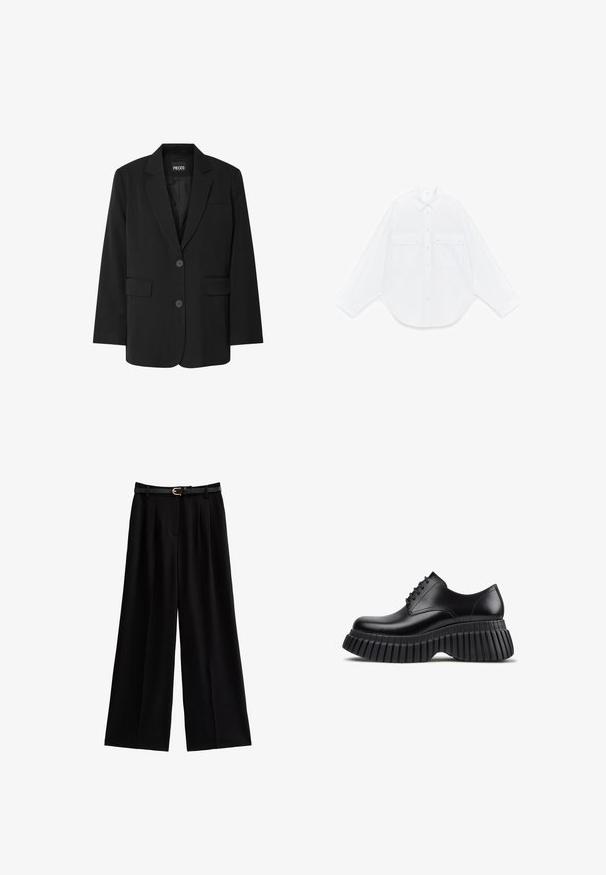 Blazer negro de PIECES, con cuello de muesca, dos bolsillos frontales y cierre de dos botones, fabricado en un tejido suave.; Camisa blanca de manga larga con botones, cuello puntiagudo y dos bolsillos delanteros con solapa y botones, colocada plana sobre un fondo blanco.; Pantalones de pierna ancha negros, hechos de un tejido suave, con pliegues marcados y un cinturón negro texturizado con un acento de hebilla dorada.; Zapato negro de cuero con cordones y suela gruesa y estriada exagerada, visto de perfil sobre fondo blanco.