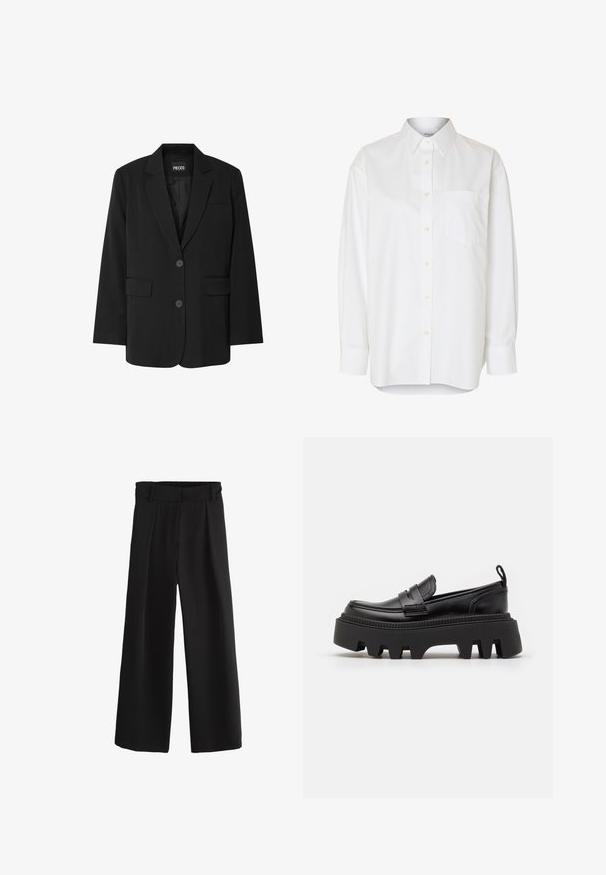 Čierny blazer značky PIECES, ktorý má klopa s notovaním, dve predné vrecká a zapínanie na dva gombíky, vyrobený z hladkej látky.; Biela košeľa s dlhým rukávom na gombíky, s ostrým golierom a náprsným vreckom, zobrazená na jednofarebnom pozadí.; Čierne nohavice širokého strihu s elastickým pásom a pútkami na opasok, s hladkým predným dielom a voľným strihom.; Čierne kožené mokasíny s masívnou čiernou gumovou podrážkou, s protišmykovými drážkami a dekoratívnym pásom cez prednú časť.