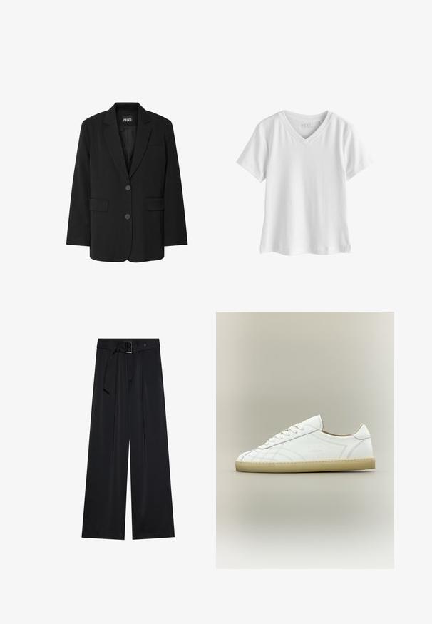 Sort blazer fra PIECES med reverskrave, to frontlommer og to knaplukninger, lavet af glat stof.; Hvid T-shirt med korte ærmer og V-hals med et enkelt, ensfarvet design og almindelig pasform vist på en hvid baggrund.; Sorte breddebenede bukser lavet af glat stof, med en høj talje og detaljer med bælte og løkker samt markante plissee foran.; Hvid lavtop lædersneaker med beige sål, snøredesign og subtile syede mønstre på neutral baggrund.