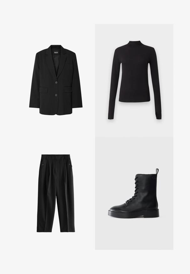 Sort blazer fra PIECES med reverskrave, to frontlommer og to knaplukninger, lavet af glat stof.; Sort langærmet tætsiddende top med høj hals, vist på ensartet lysegrå baggrund.; Sorte bukser med bred bendesign, læg foran og to sidelommer med knapdetaljer. Glat, letvægtsstof.; Sort læderstøvle til midt på læggen med snørelukning, tyk sål og trækstrop, der har et subtilt "CK" logo nær den øverste hæl.