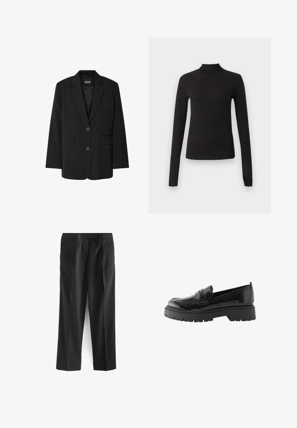 Zwarte blazer van PIECES, met een geknipt kraag, twee voork zakken en een sluiting met twee knopen, gemaakt van gladde stof.; Zwart aansluitend shirt met lange mouwen en nepkraag, weergegeven op een effen lichtgrijze achtergrond.; Zwarte rechte pantalon van gladde stof, met twee zijzakken en een platte tailleband. Minimalistisch ontwerp, zonder zichtbare patronen.; Zwarte lakleren loafers hebben een laag platformzool met een robuuste profiel en een gestikte detail over de middenvoet.