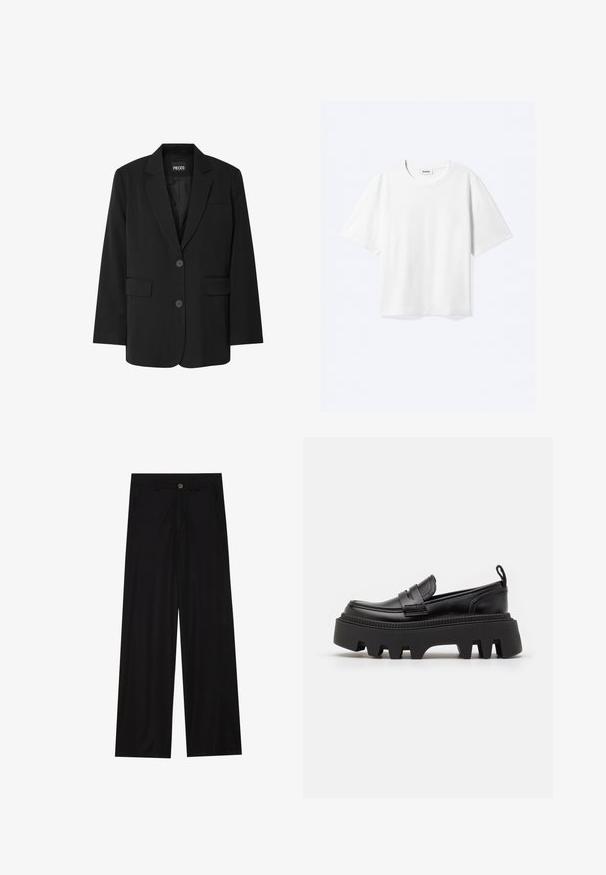 Schwarzer Blazer von PIECES, mit Reverskragen, zwei Fronttaschen und zwei Knopfverschluss, aus glattem Stoff gefertigt.; Weißes T-Shirt mit kurzen Ärmeln und Rundhalsausschnitt mit geradem Saum, innen mit gebrandetem "WEEKDAY"-Label am Kragen.; Schwarz weit geschnittene Hose aus einem glatten Stoff, mit frontalen Taschen und einem Knopfverschluss an der Taille. Minimalistisches Design ohne Muster.; Schwarze Lederloafer mit einer massiven schwarzen Gummisohle, ausgestattet mit rutschfesten Rillen und einem dekorativen Riemen über der Vorderseite.
