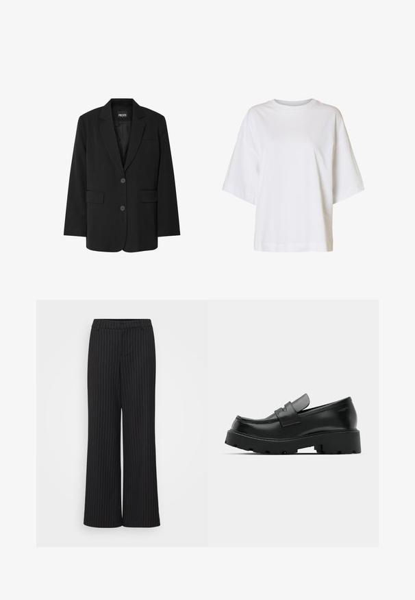 Schwarzer Blazer von PIECES, mit Reverskragen, zwei Fronttaschen und zwei Knopfverschluss, aus glattem Stoff gefertigt.; Weißes T-Shirt mit kurzem Ärmel, weitem Schnitt, eingesetzten Schultern und rundem Ausschnitt auf einfarbigem Hintergrund.; Schwarze weit geschnittene Hosen mit weißen Nadelstreifen, aus glattem Stoff gefertigt, mit einem flachen Bund und maßgeschneidertem Design für eine strukturierte Passform.; Schwarze Leder-Loafers mit einer chunky strukturierten Sohle, ausgestattet mit einem Riemen über dem Spann und einer glatten, polierten Oberfläche.