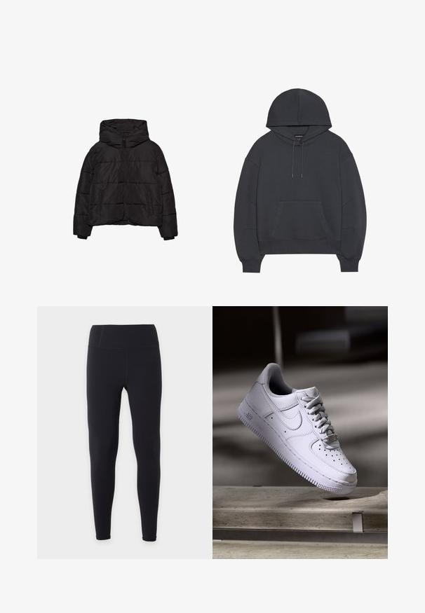 Doudoune noire avec zip à l'avant, deux poches latérales, manches longues et une grande capuche.; Sweatshirt à capuche gris foncé avec une poche kangourou, des poignets et un ourlet côtelés. Fabriqué en textile doux avec des détails de couture visibles.; Leggings noirs taille haute, pleine longueur, avec une finition lisse, présentés à plat sur un fond blanc uni sans logos ni motifs visibles.; Baskets Nike Air Force 1 blanches lévitant au-dessus d'une surface en béton avec des ombres dans un cadre minimaliste.