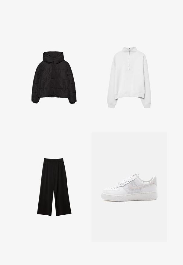 Doudoune noire avec zip à l'avant, deux poches latérales, manches longues et une grande capuche.; Stradivarius HIGH-NECK ZIP-UP - Sweatshirt - white; Pantalon large noir à taille haute, doté de plis, d'une texture lisse et sans poches ni ornementations visibles.; Baskets Nike Air Force 1 basses blanches avec lacets blancs, perforations sur l'embout, et panneau en mesh derrière le logo Nike Swoosh.