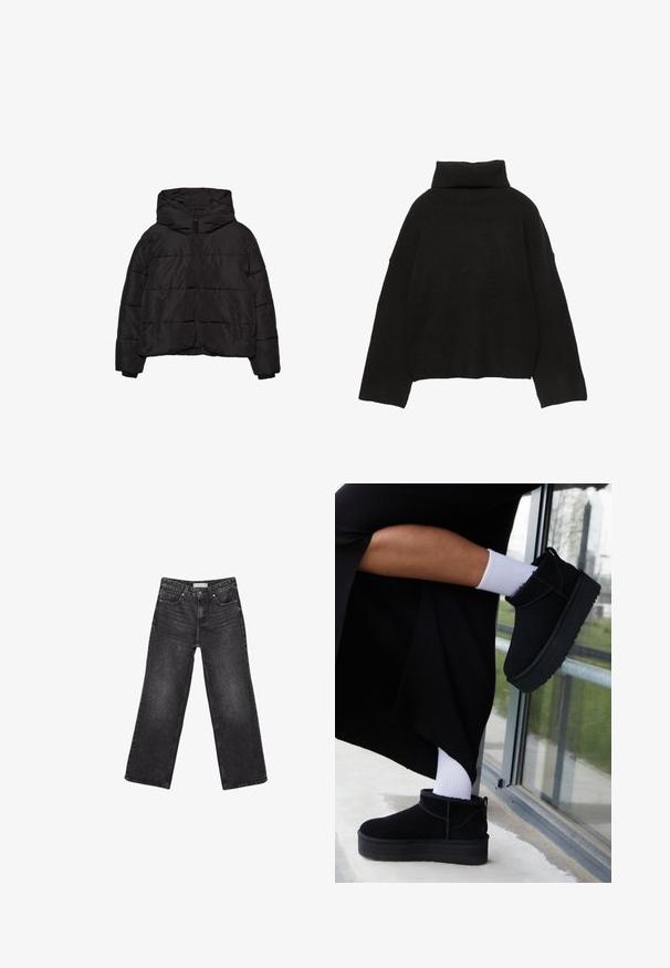 Doudoune noire avec zip à l'avant, deux poches latérales, manches longues et une grande capuche.; Pull noir en maille avec un col roulé côtelé haut et des épaules tombantes. Présente une coupe décontractée et carrée avec des poignets et un ourlet côtelés.; Jean noir à jambes larges avec poches avant et arrière, fermeture par bouton et passants de ceinture, posé à plat sur fond blanc.; Bottines en cuir suédé noir à semelle plate, avec une languette arrière, portées avec des chevilles blanches sur un fond minimaliste.