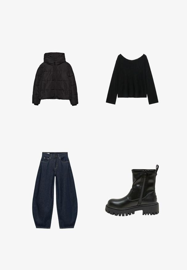 Doudoune noire avec zip à l'avant, deux poches latérales, manches longues et une grande capuche.; Pull noir à manches longues avec un col large légèrement baissé et un ourlet droit.; Jean en denim bleu foncé à jambes larges avec poches avant, passants de ceinture et fermeture par bouton à la taille.; Botte en cuir noire mi-mollet avec semelle à crampons épaisse, fermeture éclair latérale, languette à l'arrière et nom de la marque embossé sur le bord de la semelle.