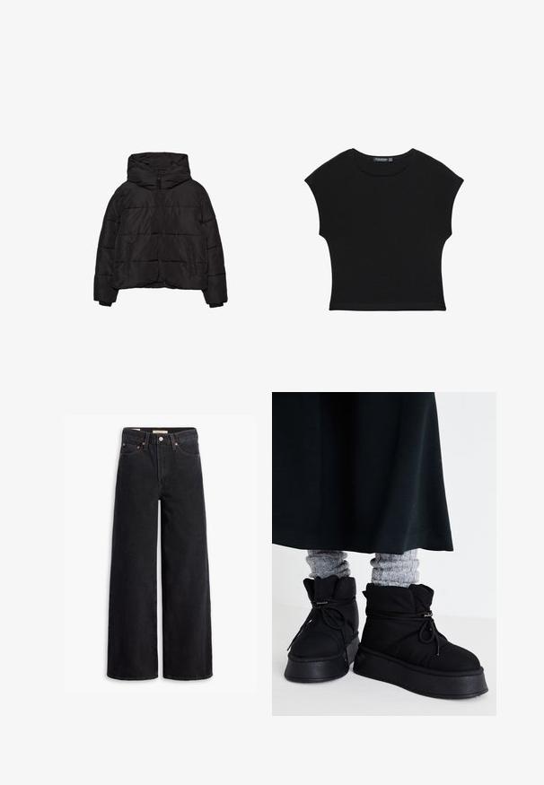 Doudoune noire avec zip à l'avant, deux poches latérales, manches longues et une grande capuche.; Haut court noir à manches courtes avec encolure ronde et taille légèrement cintrée, fabriqué en tissu doux et léger.; Jean noir à jambe large en denim, comportant cinq poches, des rivets en laiton et une fermeture à bouton classique. Texture lisse avec un design épuré.; Bottines noires rembourrées avec semelles plates, lacets et coutures proéminentes. Associées à des chaussettes à côtes grises qui dépassent, portées avec une jupe sombre.