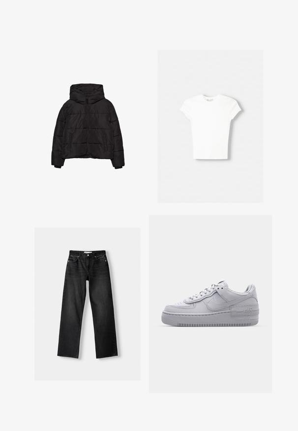 Doudoune noire avec zip à l'avant, deux poches latérales, manches longues et une grande capuche.; T-shirt blanc à manches courtes en coton doux, avec un col rond et une coupe ajustée. Pas de motifs ni d'ornements visibles.; Bershka Jean droit - mottled dark grey; Basket en cuir lisse gris Nike Air Force 1 avec un bout perforé, une semelle épaisse et un détail 'AIR' en relief sur le talon.