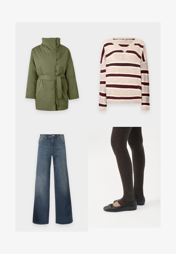 Veste rembourrée vert olive avec col montant, manches longues et ceinture en tissu assorti nouée à la taille.; Pull en V beige avec des rayures rouge foncé et crème. Doté de manches longues et d'un ourlet côtelé. Texture douce et coupe décontractée.; Jeans en denim à jambes larges de couleur bleu foncé, avec une finition déchirée, fermeture à bouton et style à cinq poches. Texture lisse, détails de couture minimalistes.; Jambes portant des leggings côtelés foncés associés à des ballerines noires avec de petits détails en nœud sur fond blanc.