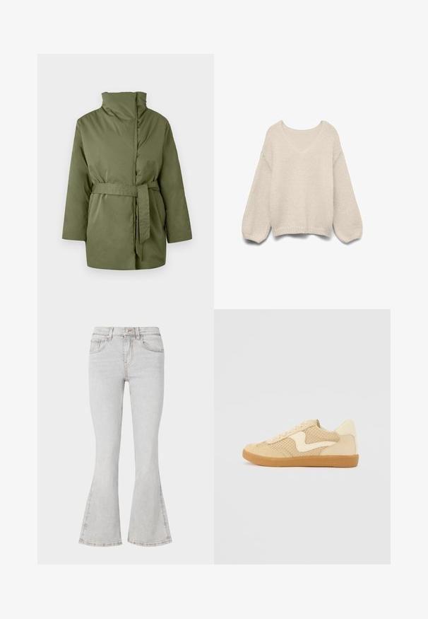 Veste rembourrée vert olive avec col montant, manches longues et ceinture en tissu assorti nouée à la taille.; Pull tricoté couleur crème avec un col en V, des manches ballon longues et un ourlet et des poignets côtelés, présenté sur un fond blanc.; Jean flare gris clair avec un design classique à cinq poches, coupe slim au niveau des cuisses et bas flammés à la cheville.; Sneaker beige avec des matériaux en daim et en maille, forme arrondie, col rembourré proéminent et semelle en caoutchouc gomme. Présente un accent de design en forme de vague.
