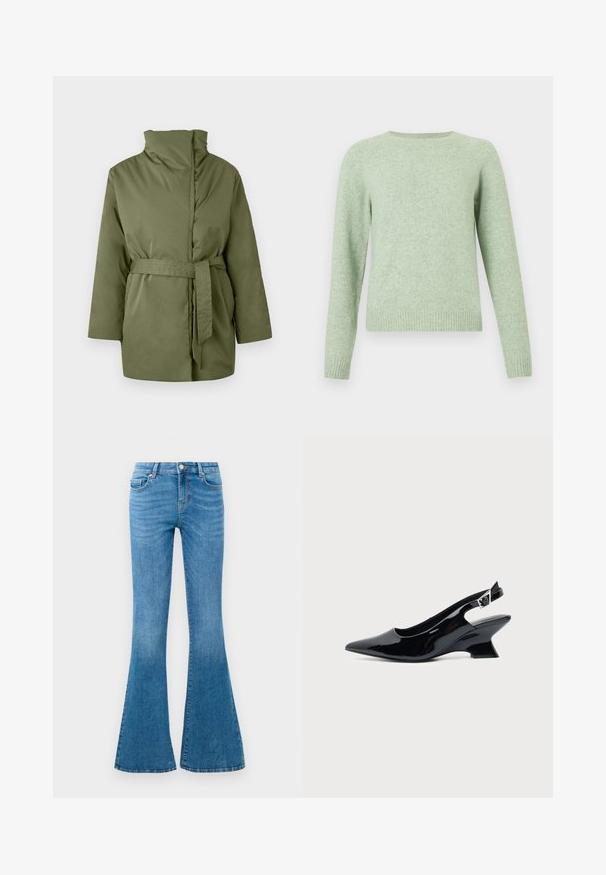 Veste rembourrée vert olive avec col montant, manches longues et ceinture en tissu assorti nouée à la taille.; Pull vert clair avec manches longues raglan, un col rond et un ourlet côtelé. Texture douce, couleur uniforme et design simple.; Jean flare en denim bleu avec une taille mi-haute, comportant cinq poches, un bouton standard et un léger délavage pour la texture.; Chaussure slingback en cuir verni noir avec bout pointu et petit talon bloc incliné sur fond clair uni.