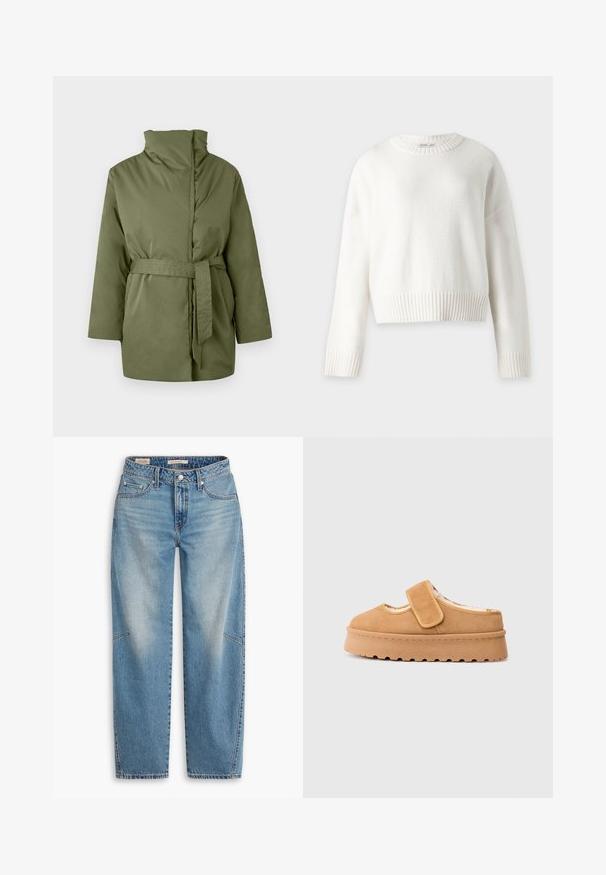 Veste rembourrée vert olive avec col montant, manches longues et ceinture en tissu assorti nouée à la taille.; Pull blanc à manches longues en maille avec poignets, ourlet et col rond côtelés, présenté sur un fond clair uni. Aucun motif ou logo visible.; Jean en denim bleu clair avec une coupe ample, un design à jambes droites, une braguette boutonnée et un style à cinq poches, présentant un léger délavage et des détails de couture subtils.; Chaussure en suede marron à enfiler avec une bande Velcro, bout rond et semelle plate-forme épaisse dotée d'une semelle en caoutchouc texturée.