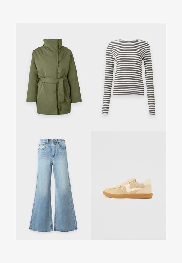 Veste rembourrée vert olive avec col montant, manches longues et ceinture en tissu assorti nouée à la taille.; T-shirt à manches longues en vert olive et rayures blanches. Texture côtelée, encolure ronde et coupe ajustée. Pas de matériel ou d'accents visibles.; Jean bleu clair à jambes larges en denim avec fermeture à bouton et fermeture éclair à l'avant, passants de ceinture et poches avant, présenté sur un fond uni.; Sneaker beige avec des matériaux en daim et en maille, forme arrondie, col rembourré proéminent et semelle en caoutchouc gomme. Présente un accent de design en forme de vague.