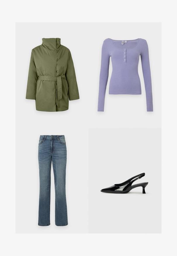 Veste rembourrée vert olive avec col montant, manches longues et ceinture en tissu assorti nouée à la taille.; T-shirt à manches longues côtelé en lavande clair, avec un décolleté arrondi et trois boutons à l'avant, présentant une silhouette ajustée et une texture douce.; Jean en denim droit bleu avec fermeture à bouton et zip à l'avant, poches avant et arrière, et un léger effet délavé.; Escarpins en cuir verni noir avec un bout pointu et un petit talon carré. Sangle réglable à la cheville avec boucle.