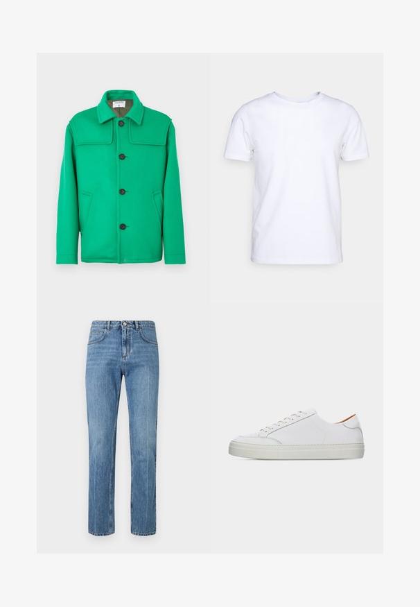 Green wool blend jacket with a classic collar, button front, two side pockets, and a structured design. Smooth texture and medium weight.; White short-sleeve t-shirt in cotton fabric with a round neckline. Simple design with no patterns or accents. Smooth texture.; Blue straight-leg high-waist jeans with front button, zipper, belt loops, and five-pocket design against a white background.; White low-top leather sneaker with lace-up front, thick sole, and minimal stitching detail on a plain light background.
