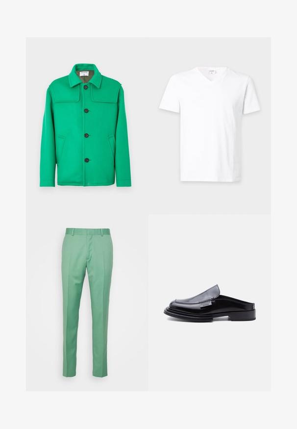 Green wool blend jacket with a classic collar, button front, two side pockets, and a structured design. Smooth texture and medium weight.; Plain white short-sleeve V-neck T-shirt with a small visible brand tag inside the collar area on a neutral background.; The Kooples PANTALON COSTUM - Trousers - green; Black patent leather slip-on loafer with square toe, flat heel, and "Moschino Milano" metal tag on side.