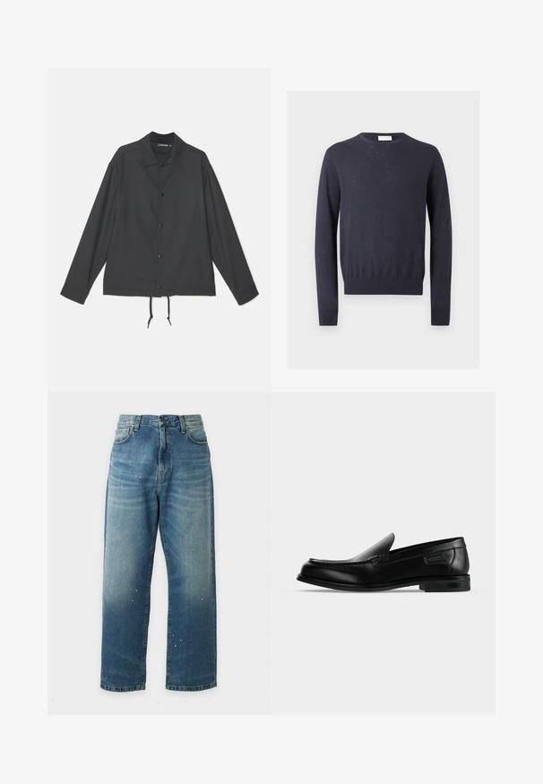 J.LINDEBERG CELIAN COACH OVERSHIRT - Chaqueta fina - black; Jersey azul marino de manga larga con cuello redondo y puños y bajo acanalados sobre un fondo claro liso.; Vaqueros azules de corte recto con un ligero desgaste y pequeñas salpicaduras blancas de pintura, botón delantero y detalles visibles en los bolsillos.; Mocasín negro de cuero tipo slip-on con tacón bajo, punta redondeada y costura decorativa a lo largo del borde superior.